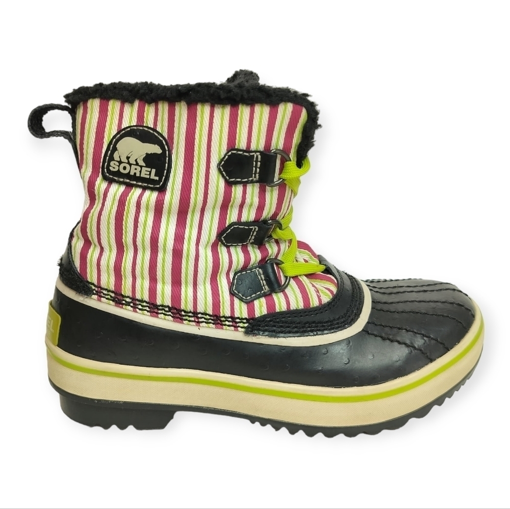 SOREL Tivoli Rubber Pink Green Striped Youth 4 Winter Duck Boots Faux Fur Trim - Picture 8 of 15